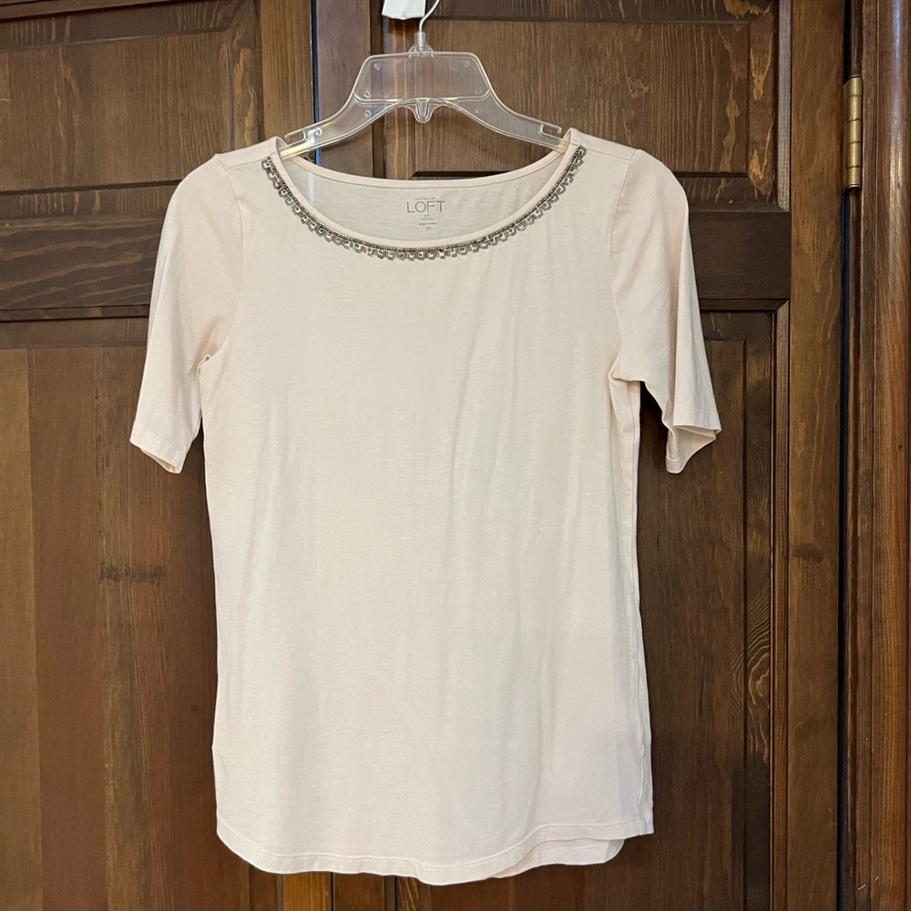 White color round neck beaded collar accent shirt by loft